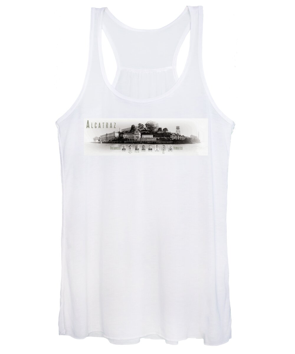 Alcatraz Women's Tank Top featuring the photograph Panorama Alcatraz Infamous Inmates Black and White by Scott Campbell