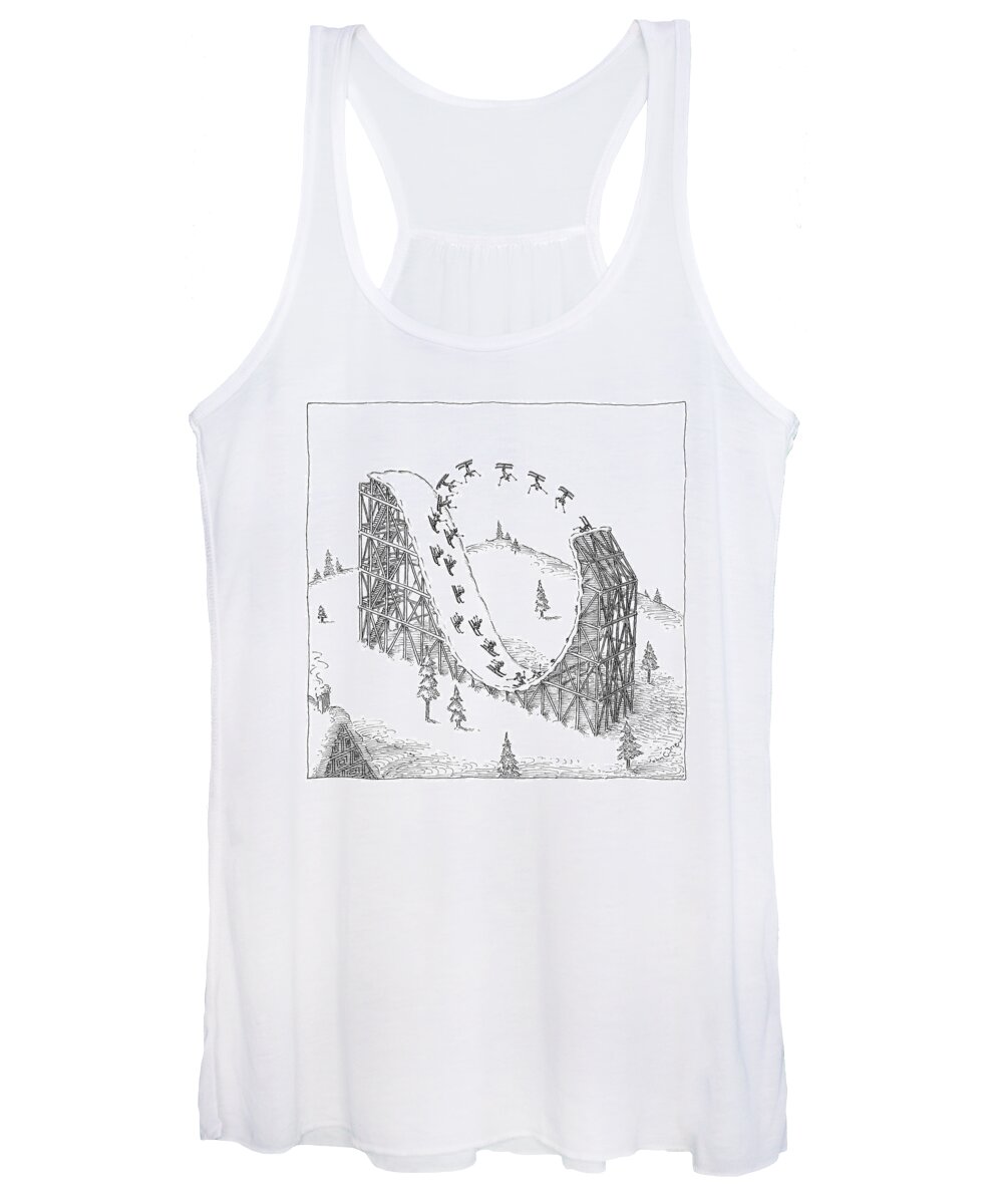 Skiing Women's Tank Top featuring the drawing People Ski On A Circular Ski Ramp That Resembles by John O'Brien