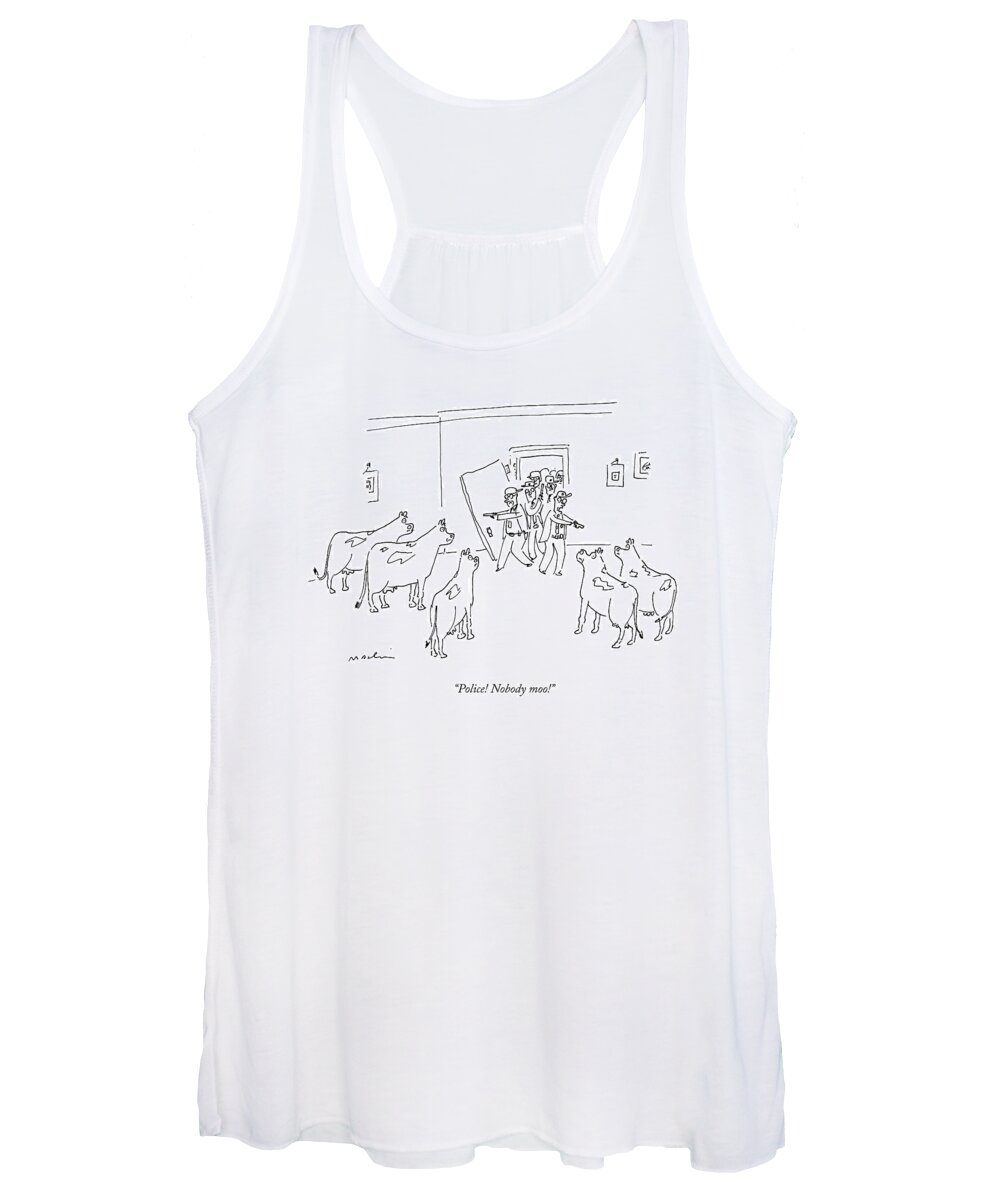 Cows Women's Tank Top featuring the drawing Police Burst In With Guns To A Room Filled by Michael Maslin