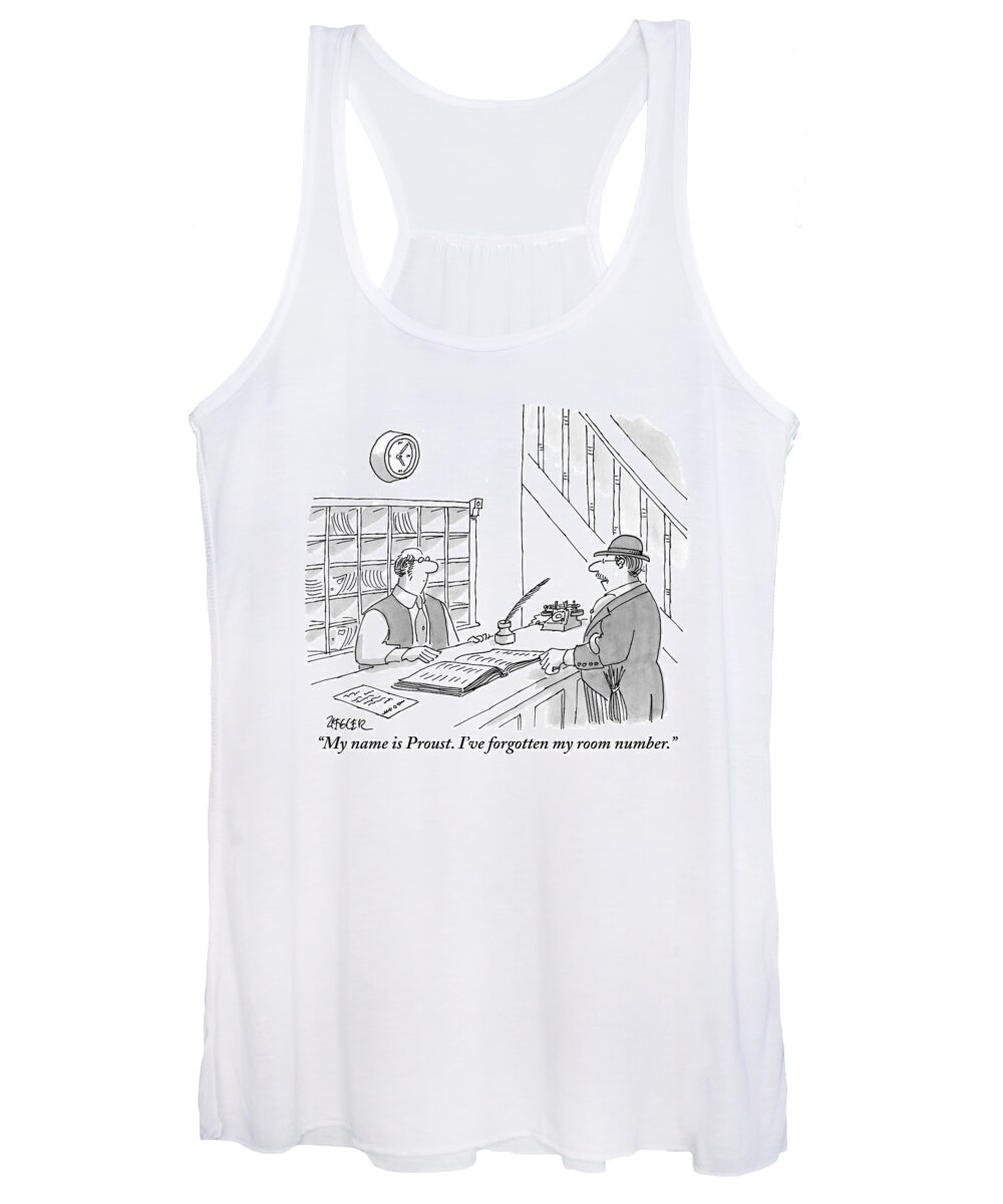 Hotels Women's Tank Top featuring the drawing Proust Is Seen Speaking With The Concierge by Jack Ziegler