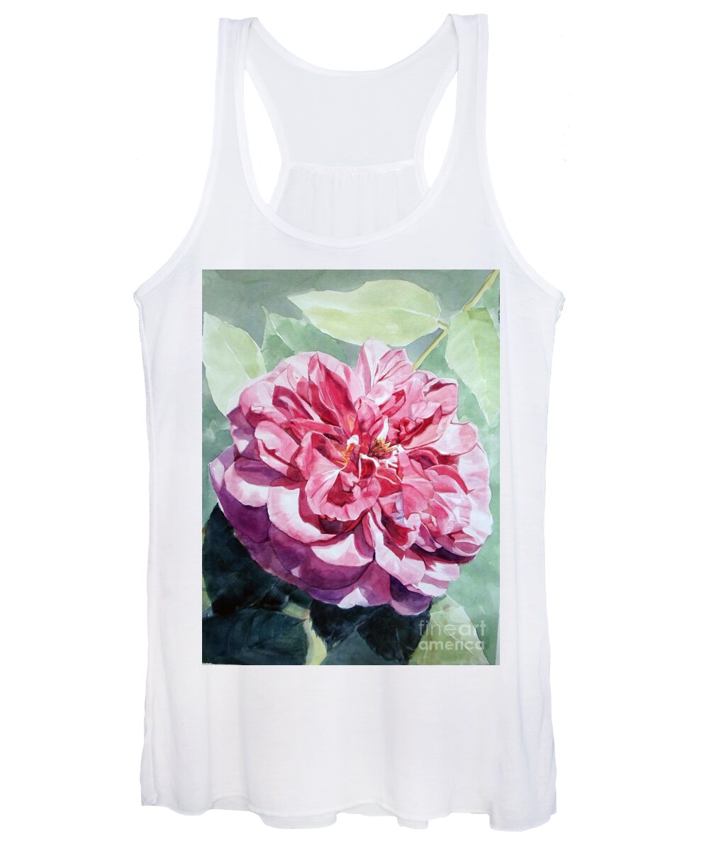 Watercolor Women's Tank Top featuring the painting Watercolor of a Pink Rose in Full Bloom Dedicated to Van Gogh by Greta Corens