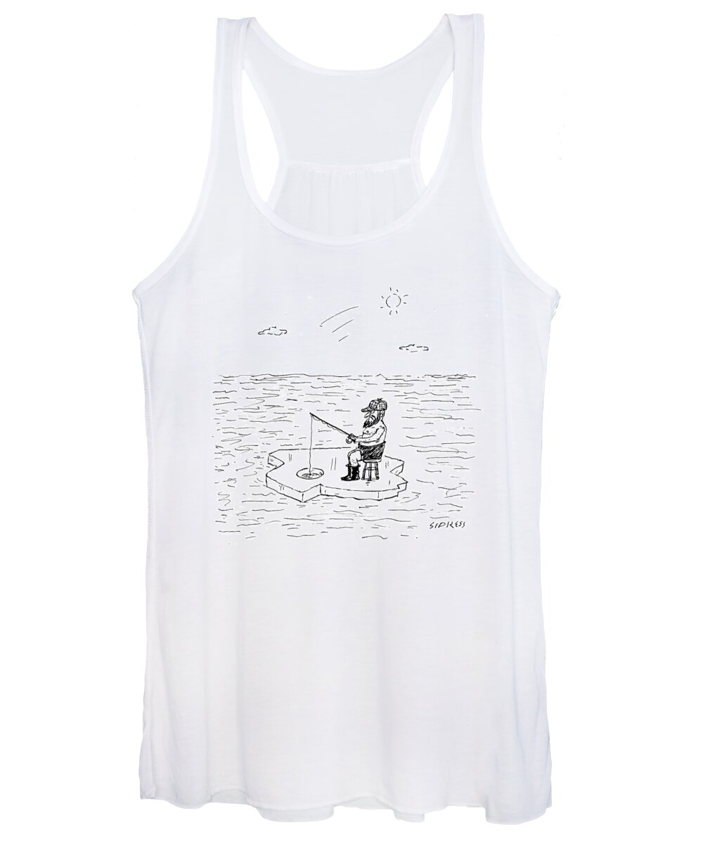 Cartoon Women's Tank Top featuring the drawing Shirtless Man Ice Fishing by David Sipress