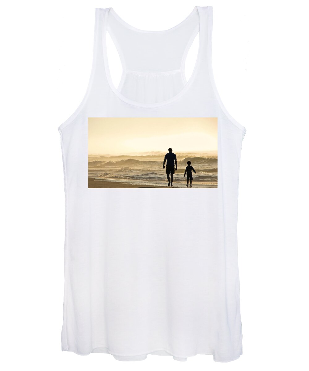 Ocean-walk Women's Tank Top featuring the photograph Silhouetted Father and Son Walk Beach by Jo Ann Tomaselli