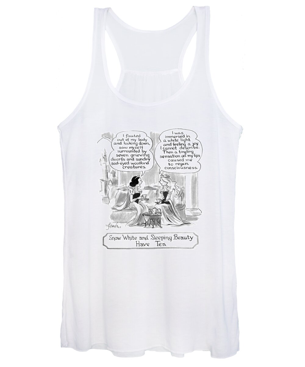 Characters Women's Tank Top featuring the drawing Snow White And Sleeping Beauty Have Tea by Edward Frascino