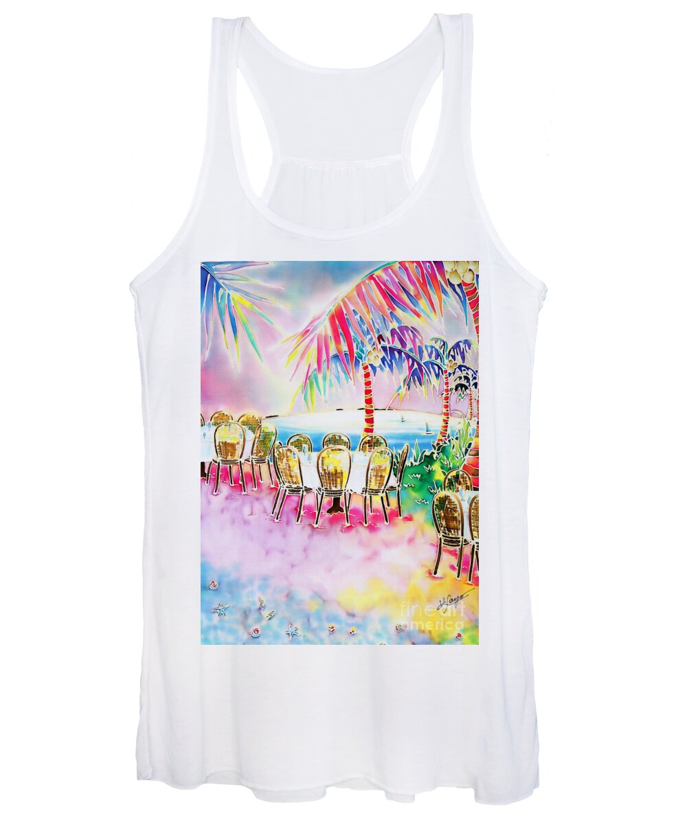 Dinner Women's Tank Top featuring the painting Tables on the beach by Hisayo OHTA