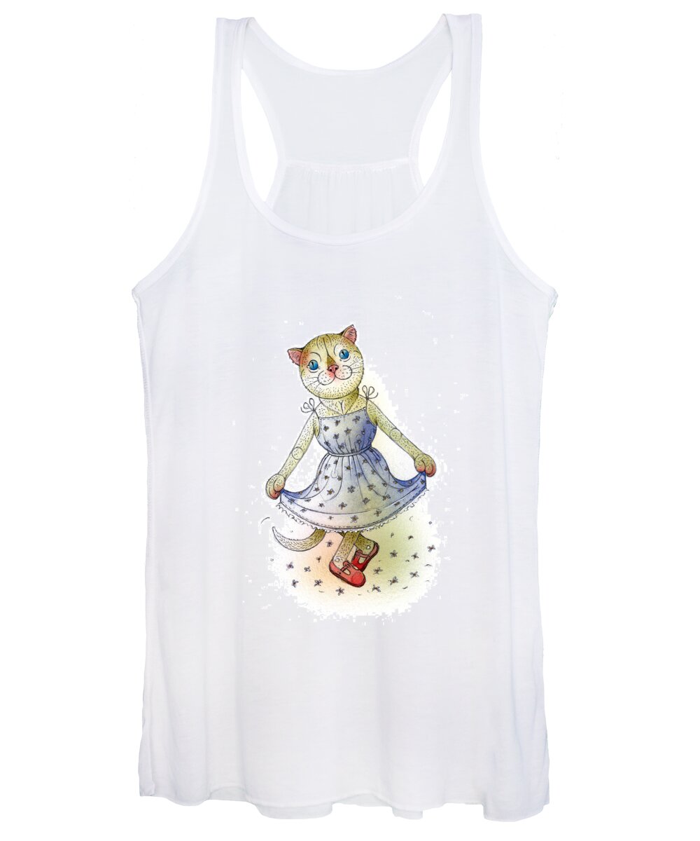 Cat Greeting Card Blue Flowers Women's Tank Top featuring the painting The Dream Cat 03 by Kestutis Kasparavicius