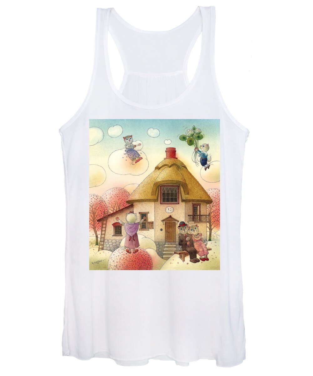 Cat Dream House Sky Clouds Flowers Spring Women's Tank Top featuring the painting The Dream Cat 05 by Kestutis Kasparavicius