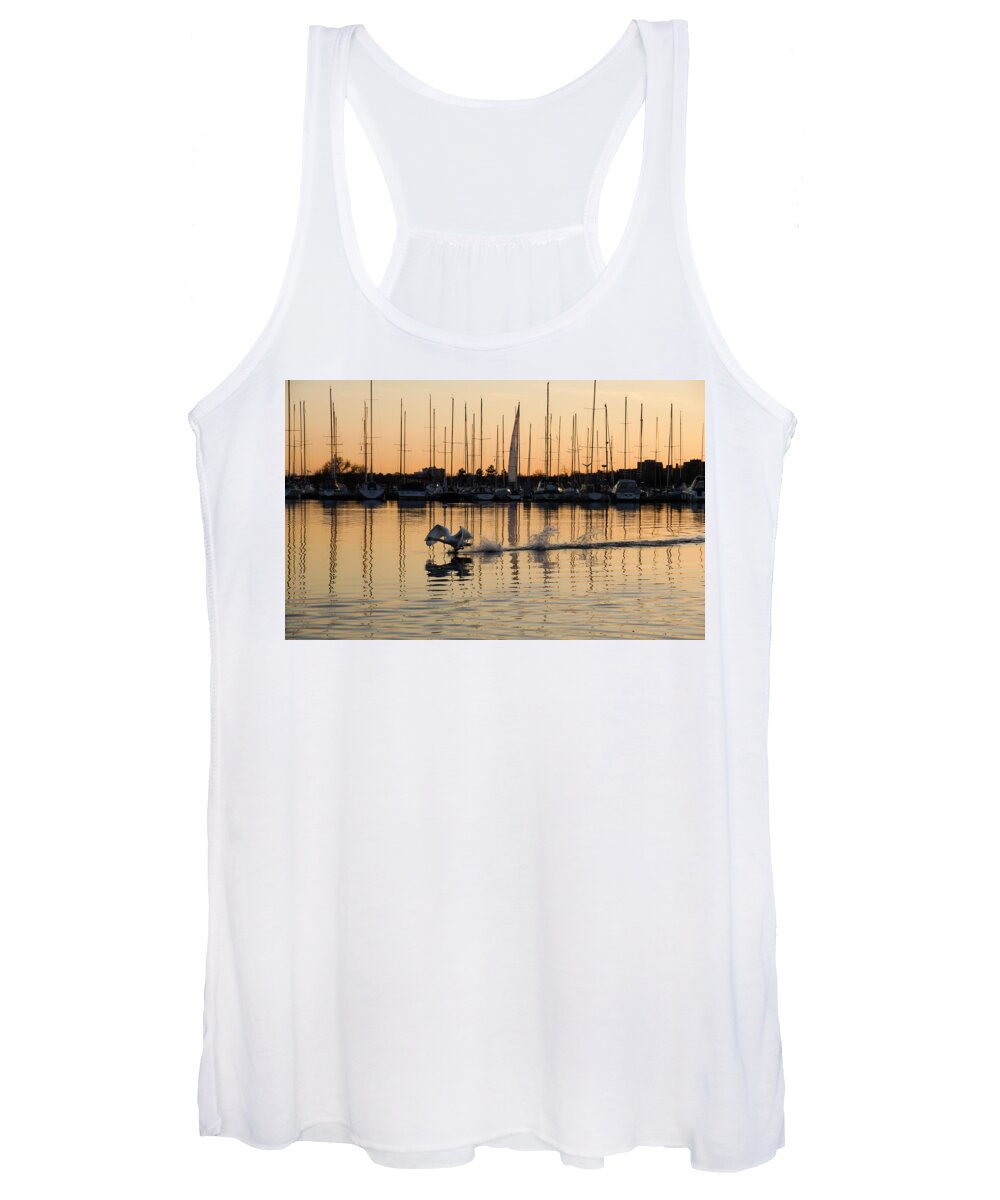 Takeoff Women's Tank Top featuring the photograph The Golden Takeoff - Swan Sunset and Yachts at a Marina in Toronto Canada by Georgia Mizuleva