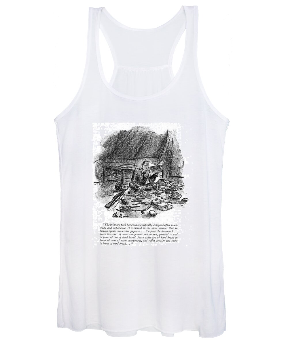 110998 Adu Alan Dunn Soldier Reading Army Regulations. Allies Armed Army Axis Detailed Directions Forces Instructions Reading Regulations Soldier Soldiers Speci?c Toil War Wartime World Wwii Women's Tank Top featuring the drawing The Infantry Pack Has Been Scienti?cally Designed by Alan Dunn