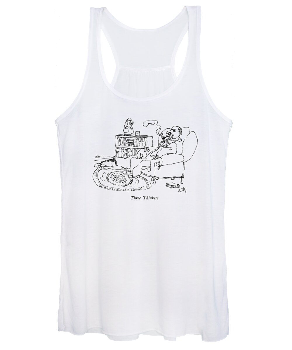 Three Thinkers
No Caption
Three Thinkers: Title. A Man Smoking A Pipe Sits In An Armchair. A Dog Lies On The Rug At His Feet Women's Tank Top featuring the drawing Three Thinkers by William Steig