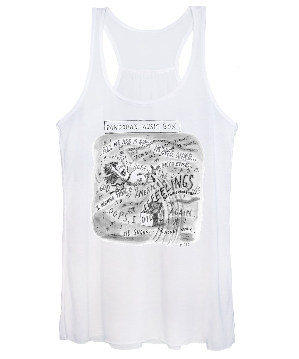 Music Box Women's Tank Top featuring the drawing Title: Pandora's Music Box. A Woman Is Thrust by Roz Chast