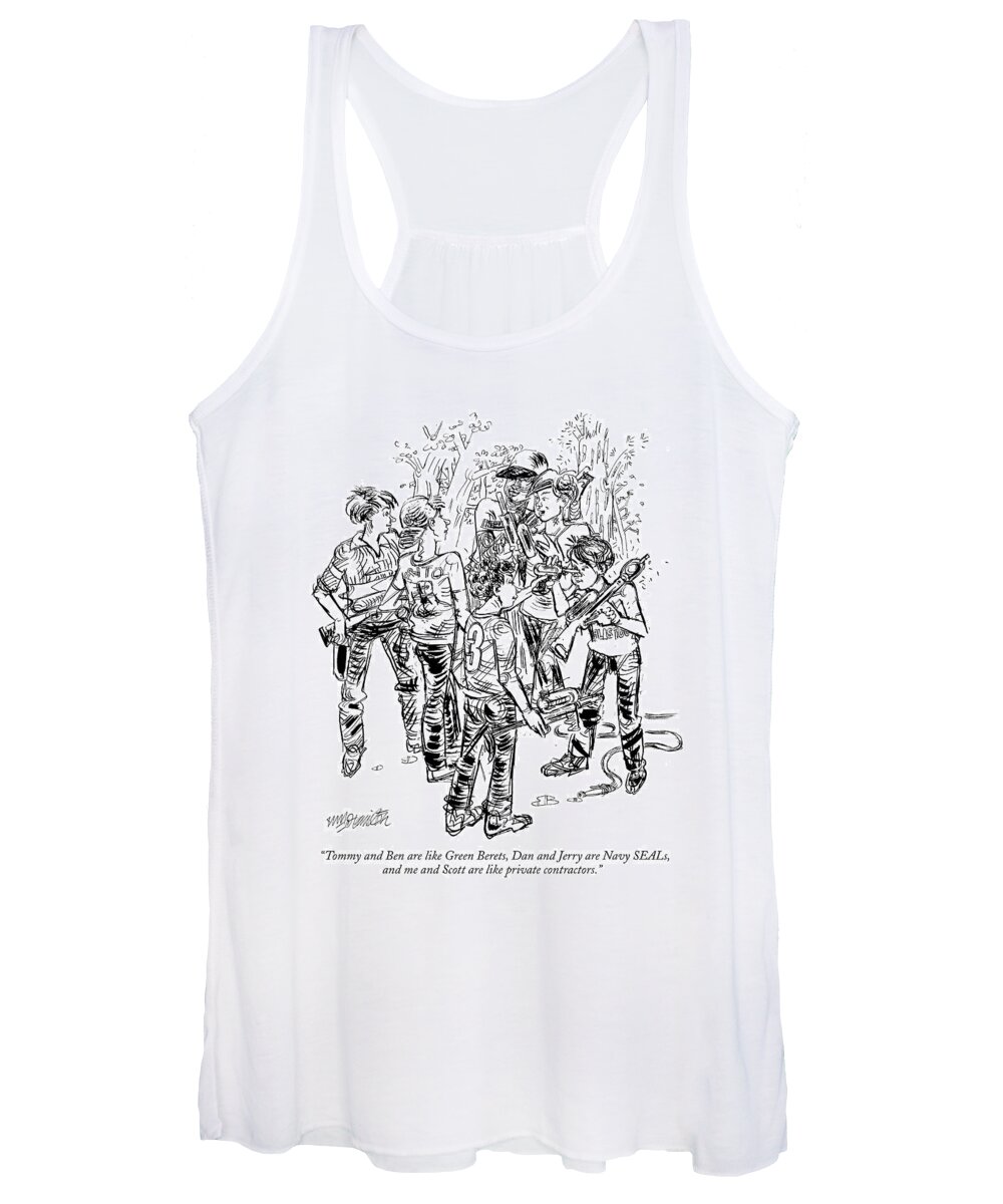 Military Business Children Games
 
(group Of Kids Playing With Water Pistols.) 119393 Whm William Hamilton Women's Tank Top featuring the drawing Tommy And Ben Are Like Green Berets by William Hamilton