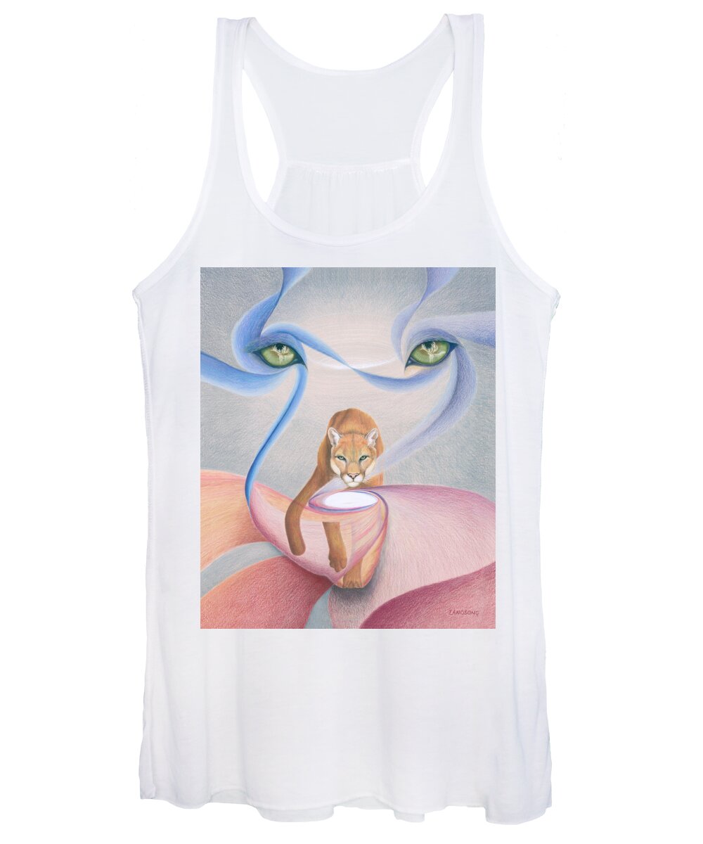 Cougar Women's Tank Top featuring the drawing Trusting Cougar Elk Reciprocity by Robin Aisha Landsong