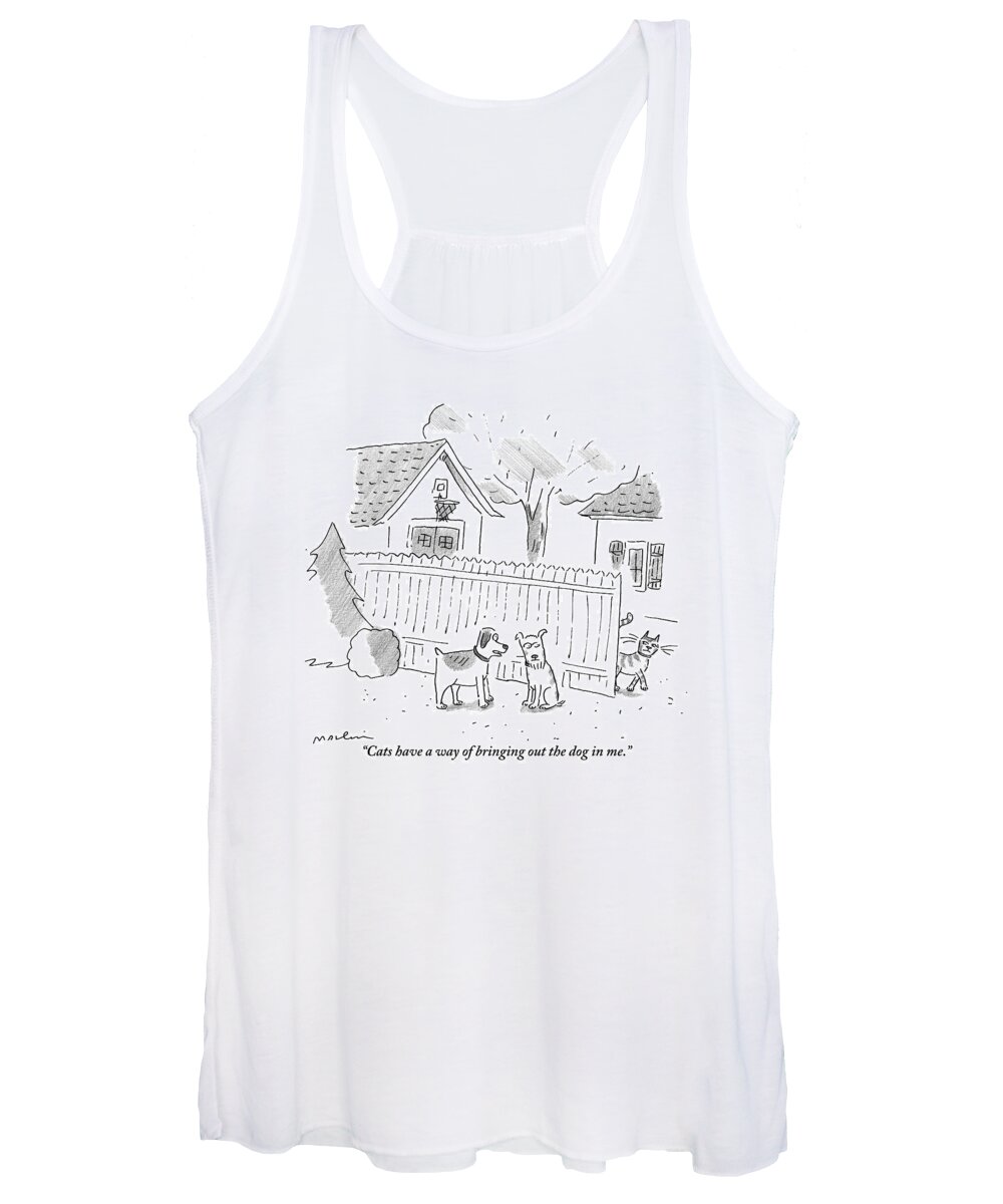 Dogs With Cats Women's Tank Top featuring the drawing Two Dogs Are Speaking With A Cat Walking Near By by Michael Maslin