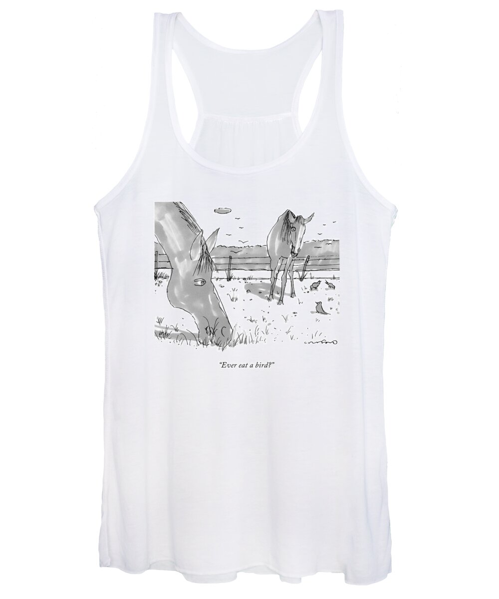 Horses Women's Tank Top featuring the drawing Two Grazing Horses. A Few Birds Peck Nearby by Michael Crawford