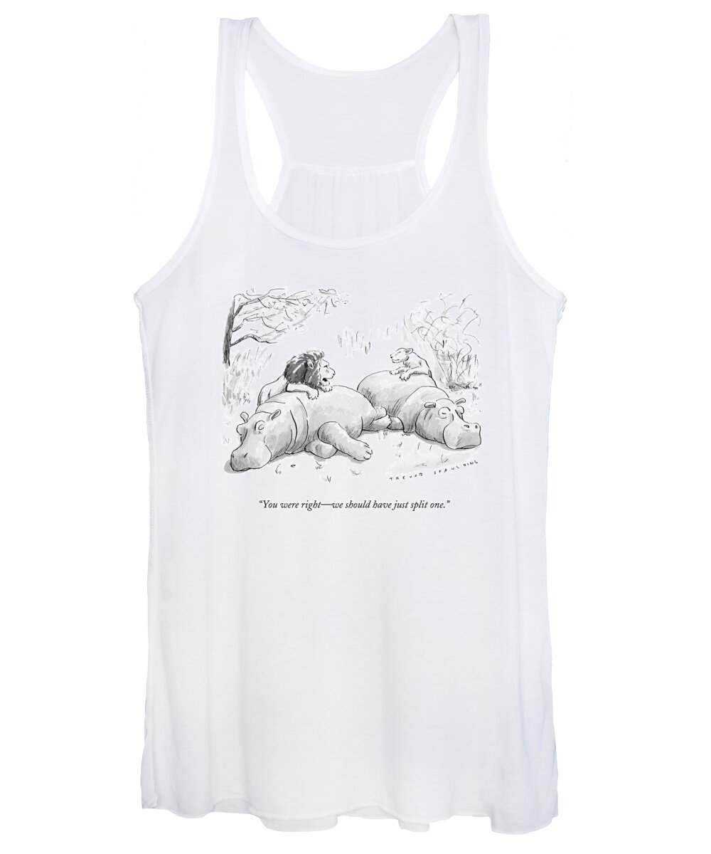 Lion Women's Tank Top featuring the drawing Two Lions Prepare To Dine On Two Hippopotami by Trevor Spaulding
