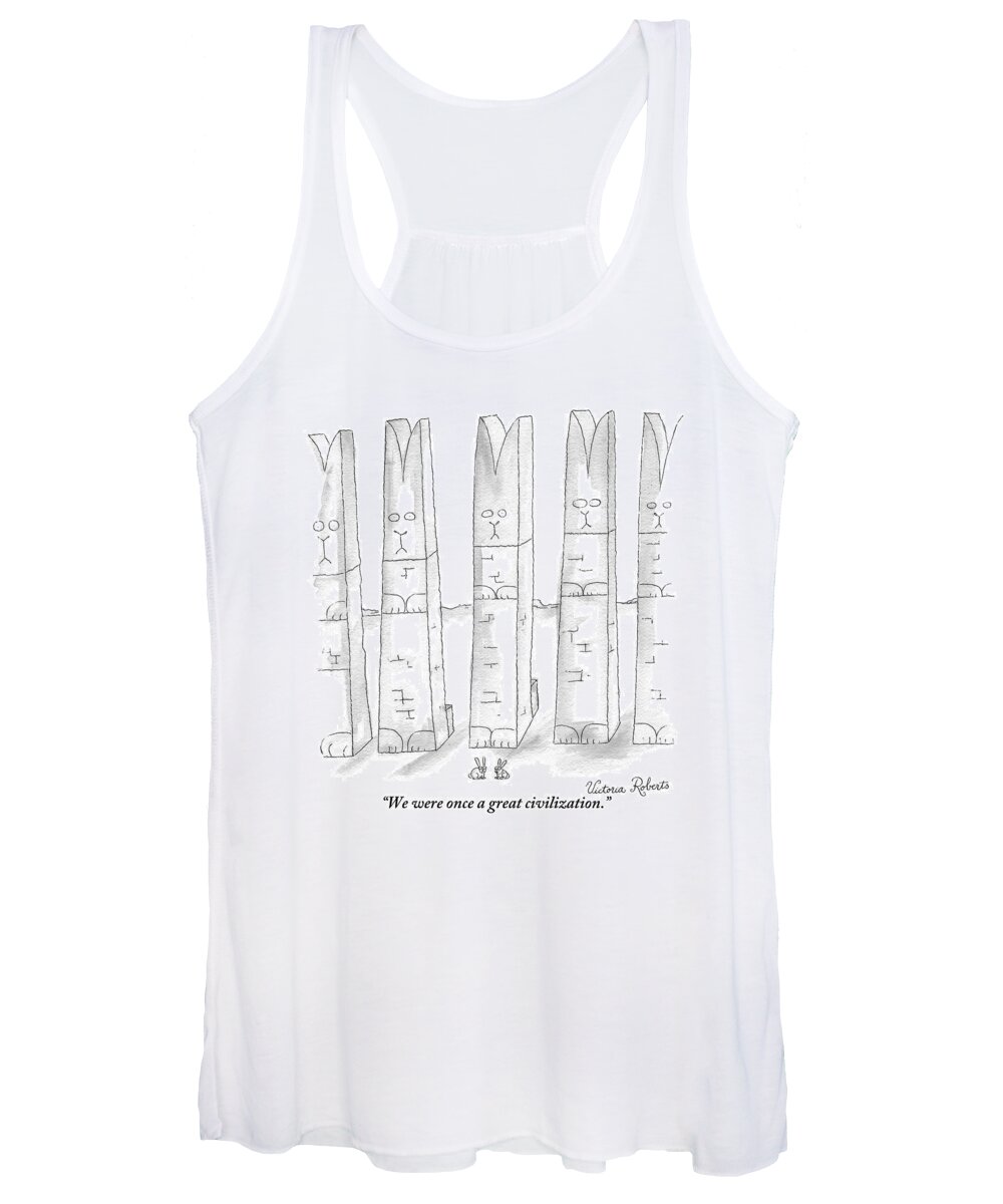 Rabbits Women's Tank Top featuring the drawing Two Rabbits Talk In Front Of Large Rabbit by Victoria Roberts