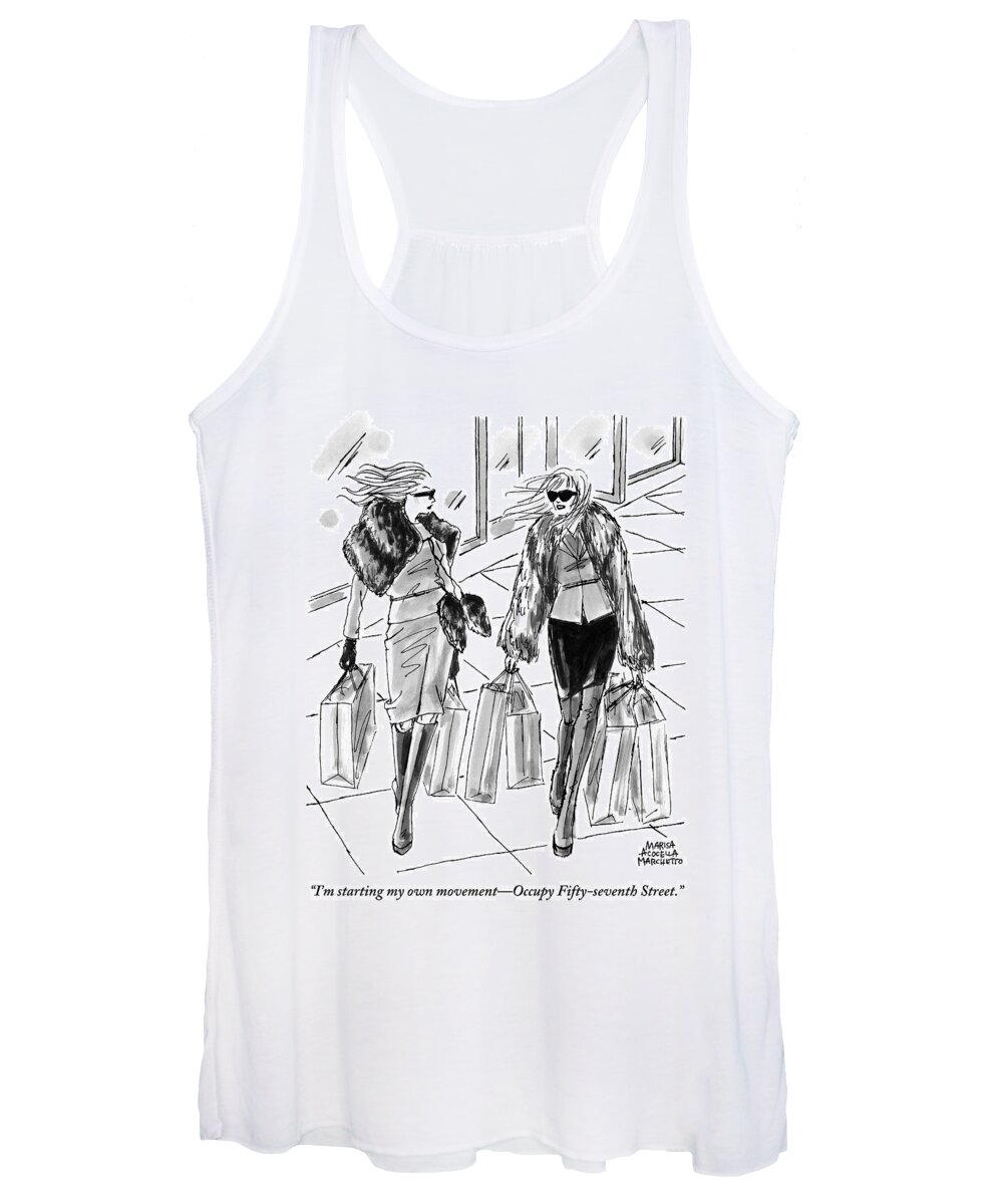 Shopping Women's Tank Top featuring the drawing Two Women Dressed Nicely Walk Together Carrying by Marisa Acocella Marchetto