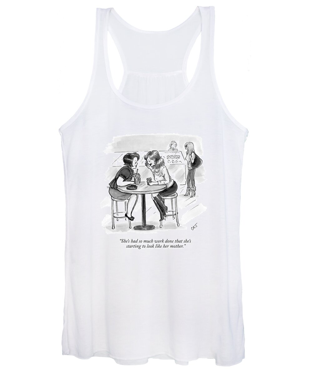 Plastic Surgery Women's Tank Top featuring the drawing Two Women Sitting At A Coffee Shop Speak by Carolita Johnson