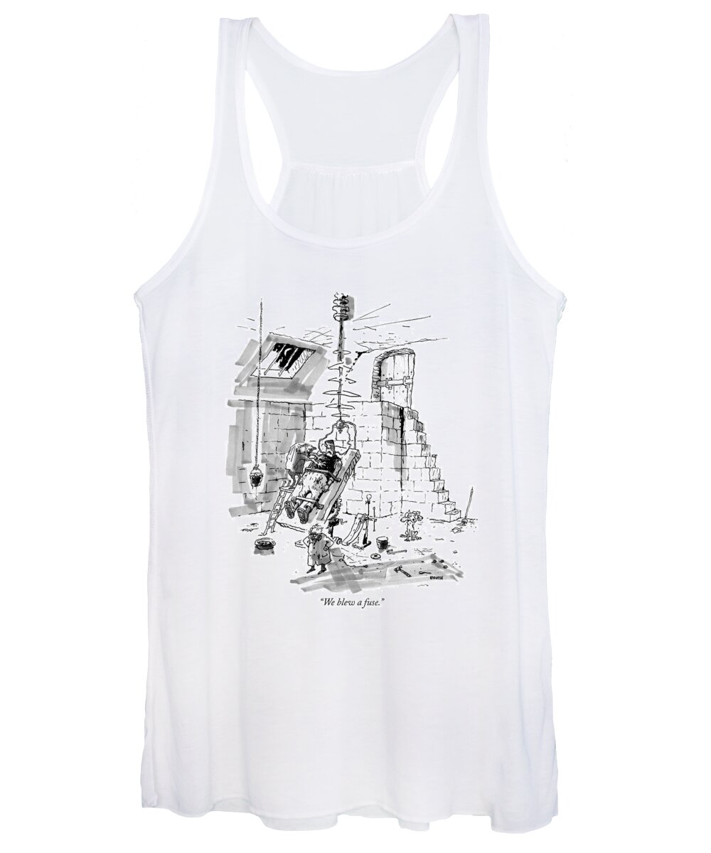 Frankenstein Women's Tank Top featuring the drawing We Blew A Fuse by George Booth