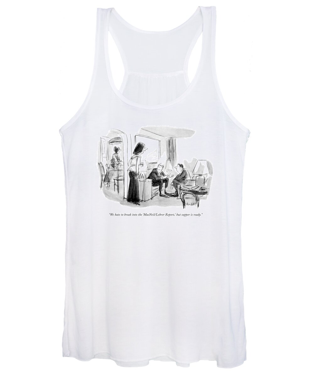 88038 Fmo Frank Modell (woman To Two Men Deep In Conversation Women's Tank Top featuring the drawing We Hate To Break Into The 'macneil/lehrer Report by Frank Modell