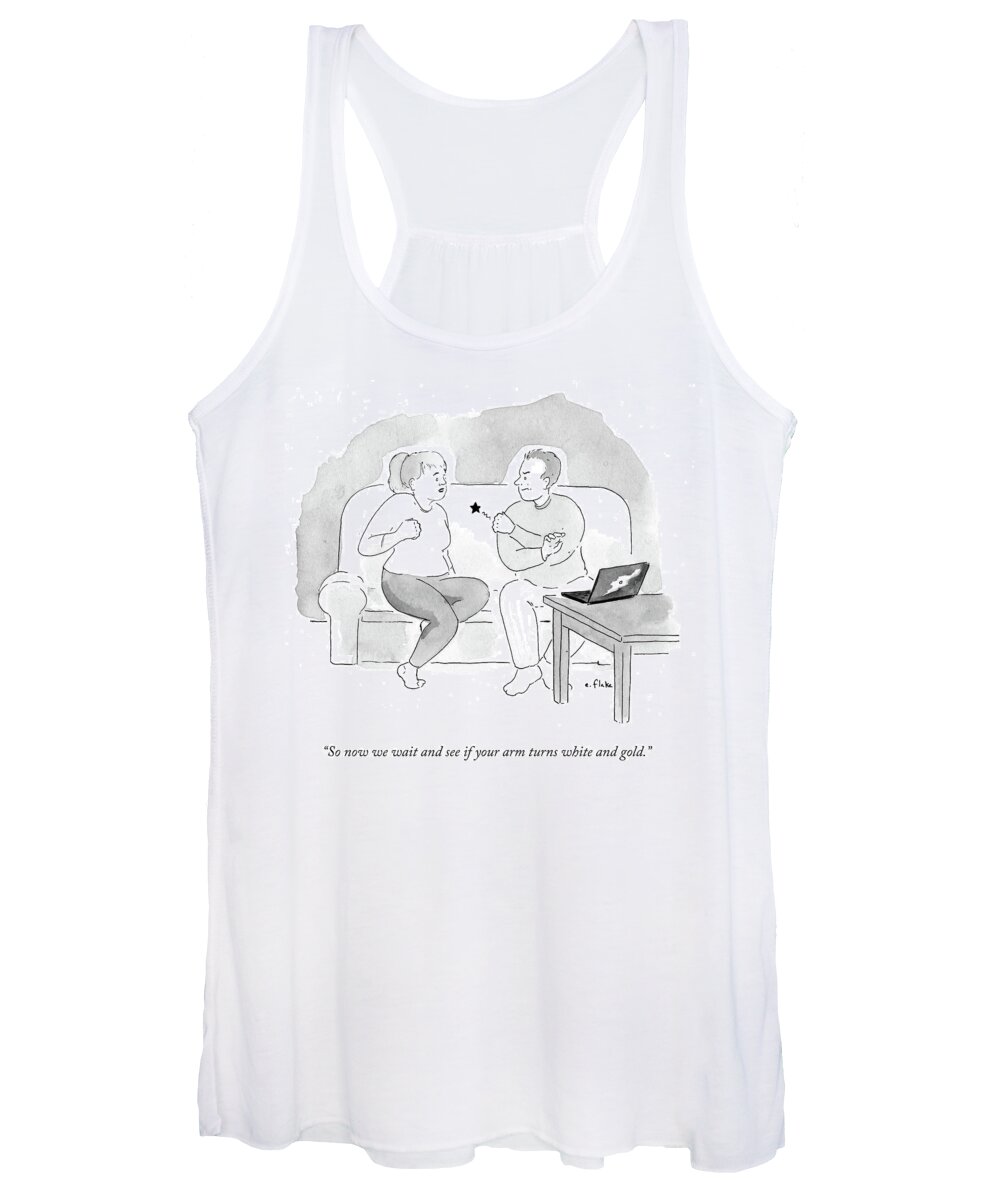 So Now We Wait And See If Your Arm Turns White And Gold.' Women's Tank Top featuring the drawing We Wait And See If Your Arm Turns White And Gold by Emily Flake