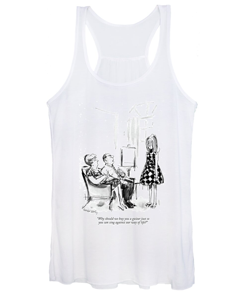 69226 
 Parents To Their Teenage Daughter. Donald Reilly Family Generation Gap Parents Children Women's Tank Top featuring the drawing Why Should We Buy You A Guitar by Donald Reilly