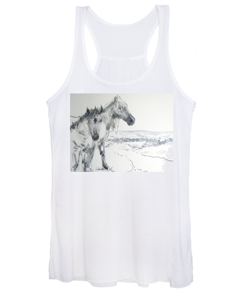 Horse Women's Tank Top featuring the painting Wild Horses drawing by Mike Jory