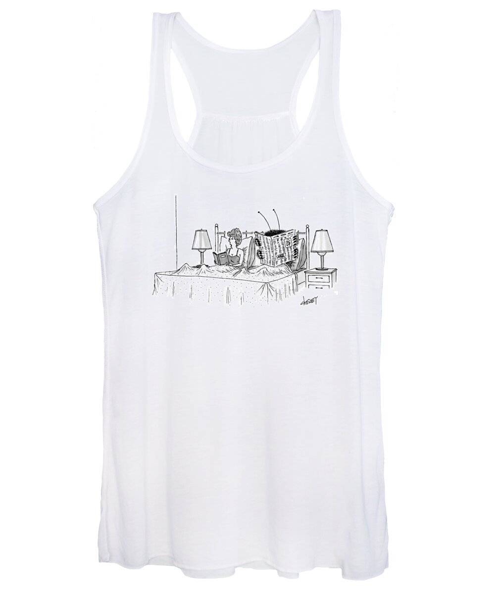 Bug Women's Tank Top featuring the drawing Woman And A Large Insect Read In Bed by Tom Cheney
