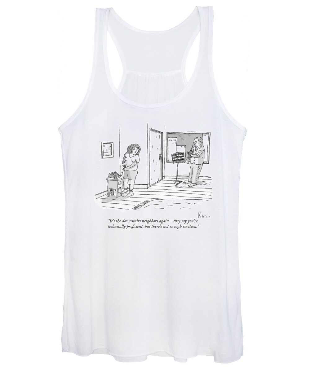 Neighbors Women's Tank Top featuring the drawing Woman Holds Phone With Hand Covering Mouthpiece by Zachary Kanin