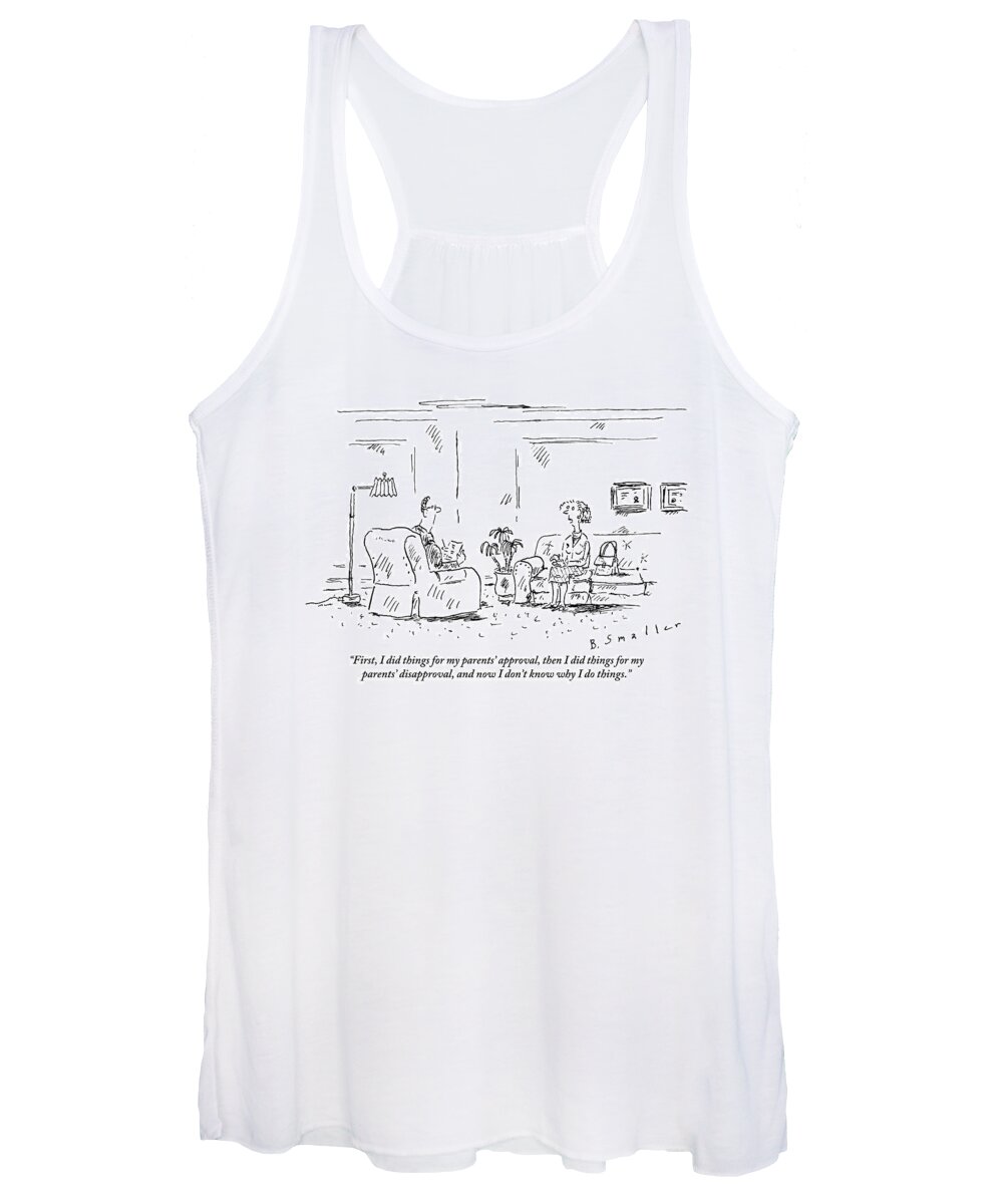 Parents Women's Tank Top featuring the drawing Woman Sitting On A Couch Says To Her Therapist by Barbara Smaller