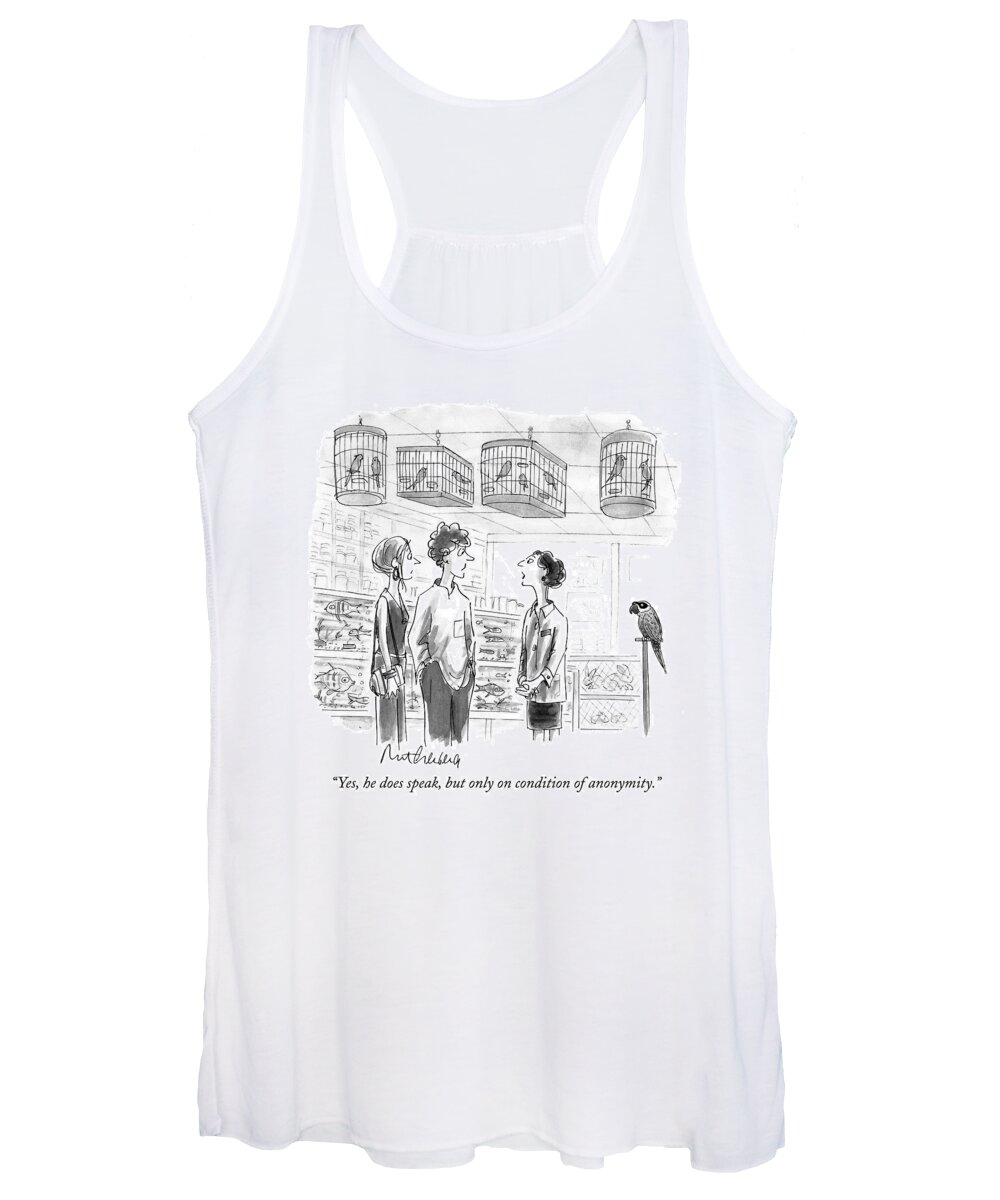 Birds - Parrots Women's Tank Top featuring the drawing Yes, He Does Speak, But Only On Condition by Mort Gerberg