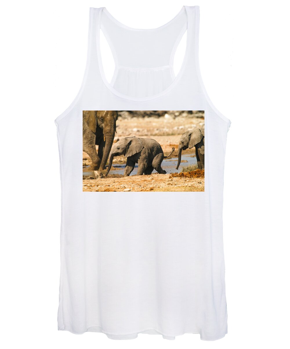 A Baby Elephants Play Women's Tank Top featuring the photograph Chase me by Alistair Lyne
