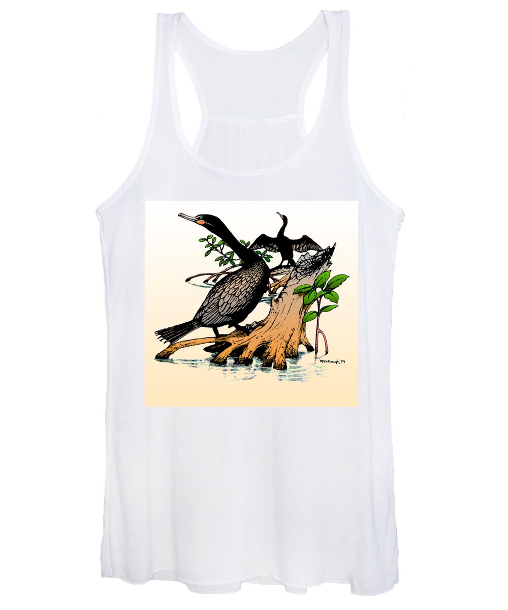Duane Mccullough Women's Tank Top featuring the drawing Cormorants on Mangrove Stumps filtered by Duane McCullough