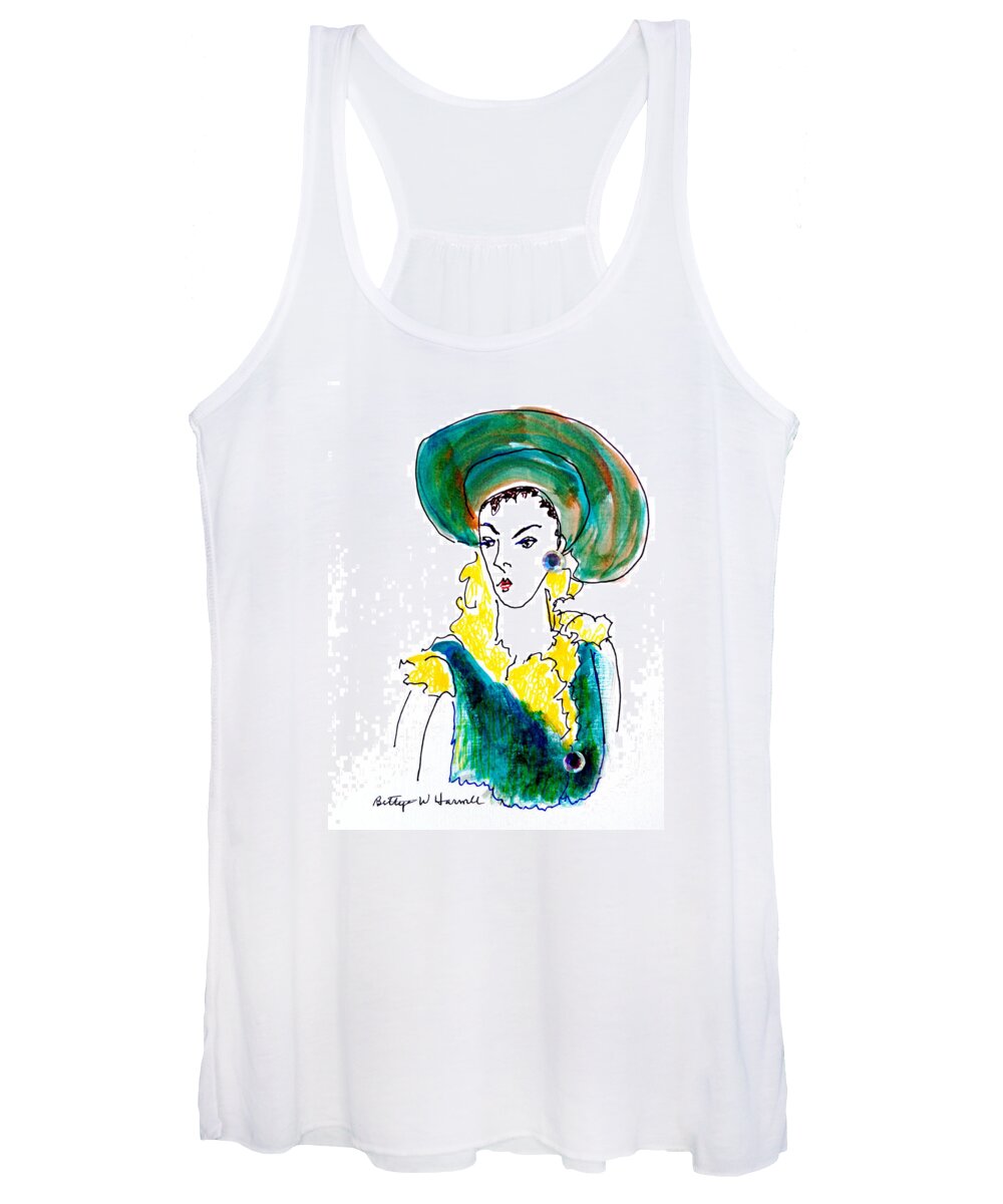 Hat Lady Women's Tank Top featuring the drawing Hat Lady 16 by Bettye Harwell