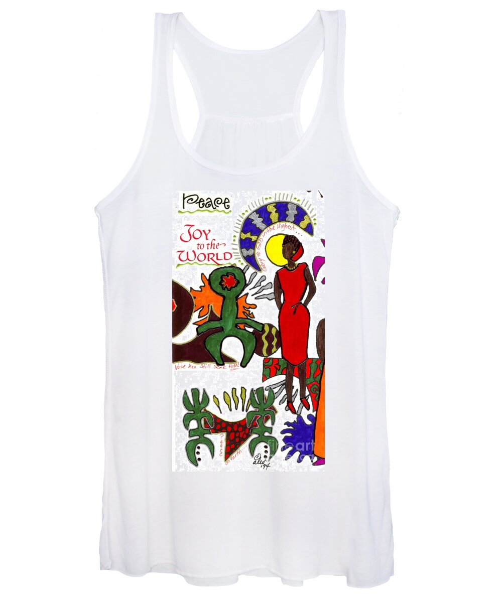 Greeting Cards Women's Tank Top featuring the mixed media Joy and Peace Christmas Card by Angela L Walker