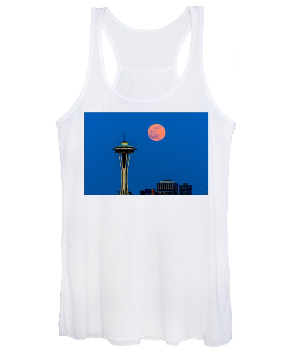 Full Moon Women's Tank Top featuring the photograph Full moon with Space Needle #2 by Hisao Mogi