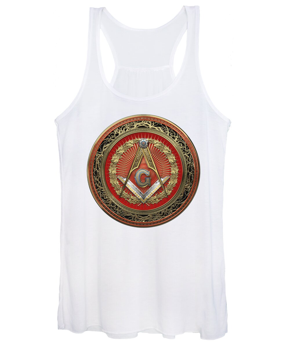 Ancient Brotherhoods Collection By Serge Averbukh Women's Tank Top featuring the digital art 3rd Degree Mason Gold Jewel - Master Mason Square and Compasses over White Leather by Serge Averbukh