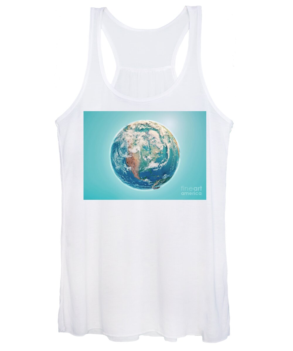 North America Women's Tank Top featuring the digital art North America 3D Render Planet Earth Clouds #5 by Frank Ramspott