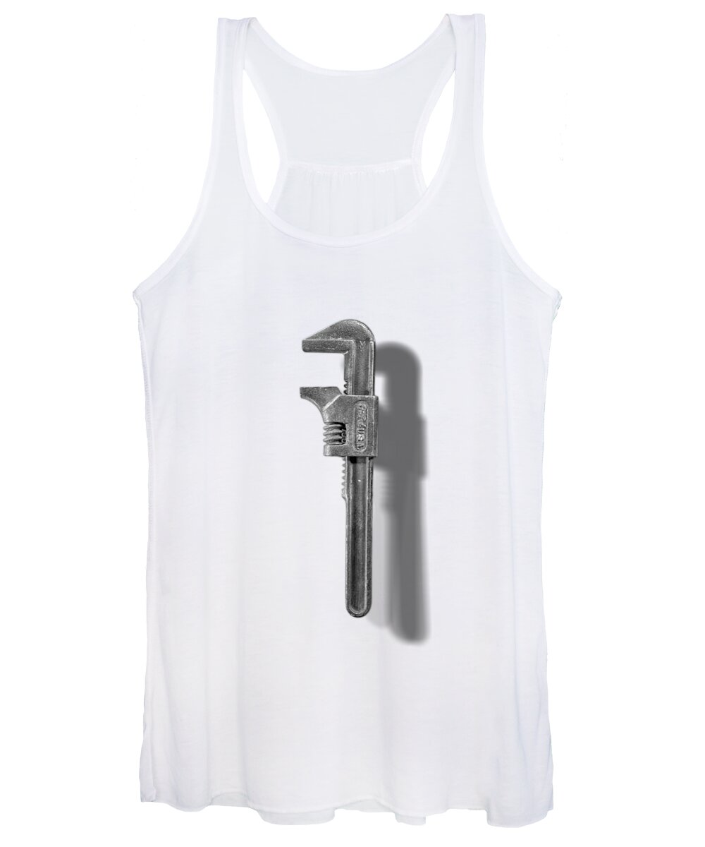Adjustable Wrench Women's Tank Top featuring the photograph Antique Adjustable Wrench Front in Black and White by YoPedro