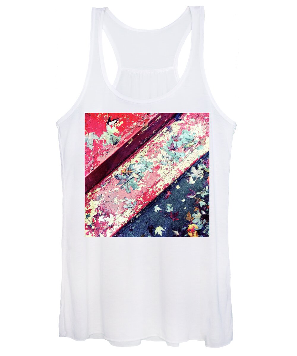 Maple Women's Tank Top featuring the photograph Autumn leaves on old painted staircase by GoodMood Art