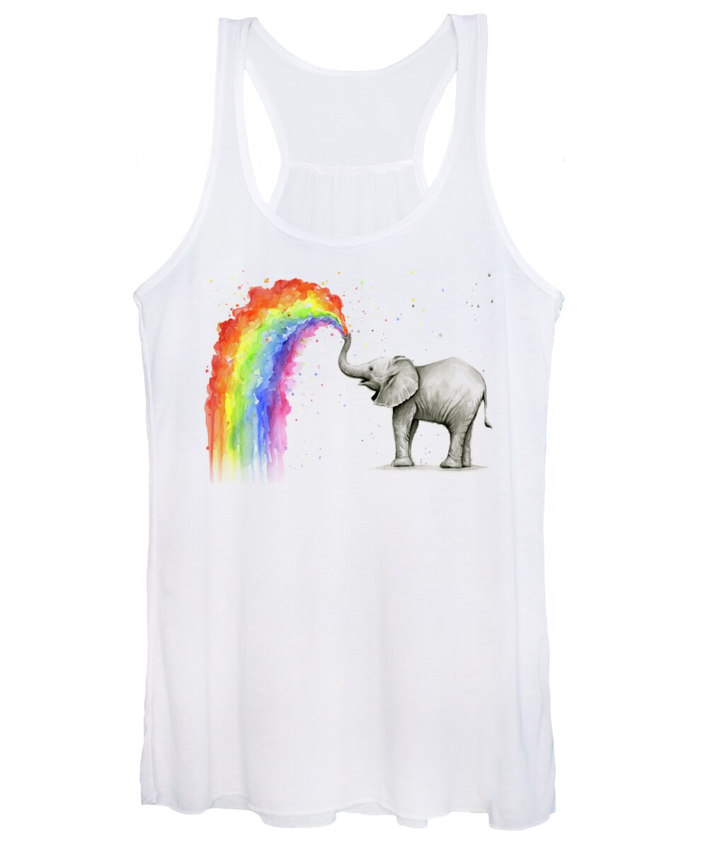 Baby Women's Tank Top featuring the painting Baby Elephant Spraying Rainbow by Olga Shvartsur