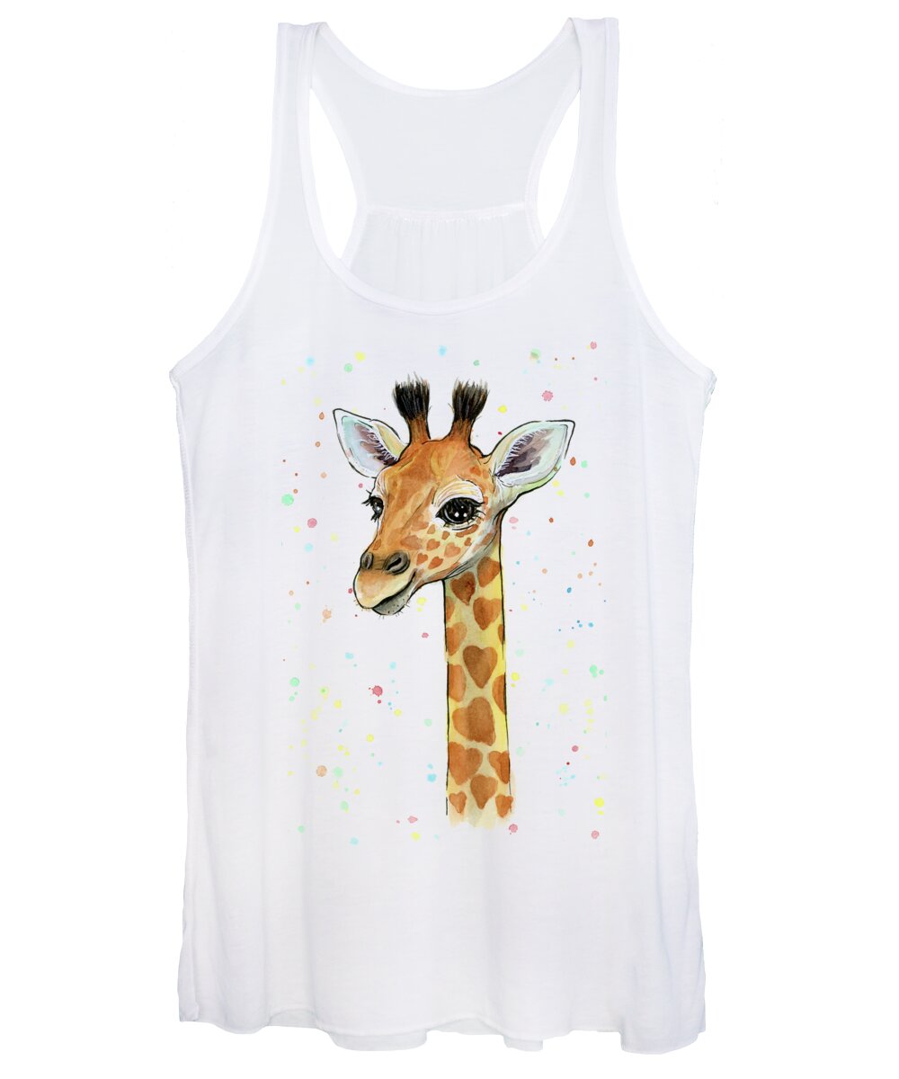 Watercolor Giraffe Women's Tank Top featuring the painting Baby Giraffe Watercolor with Heart Shaped Spots by Olga Shvartsur
