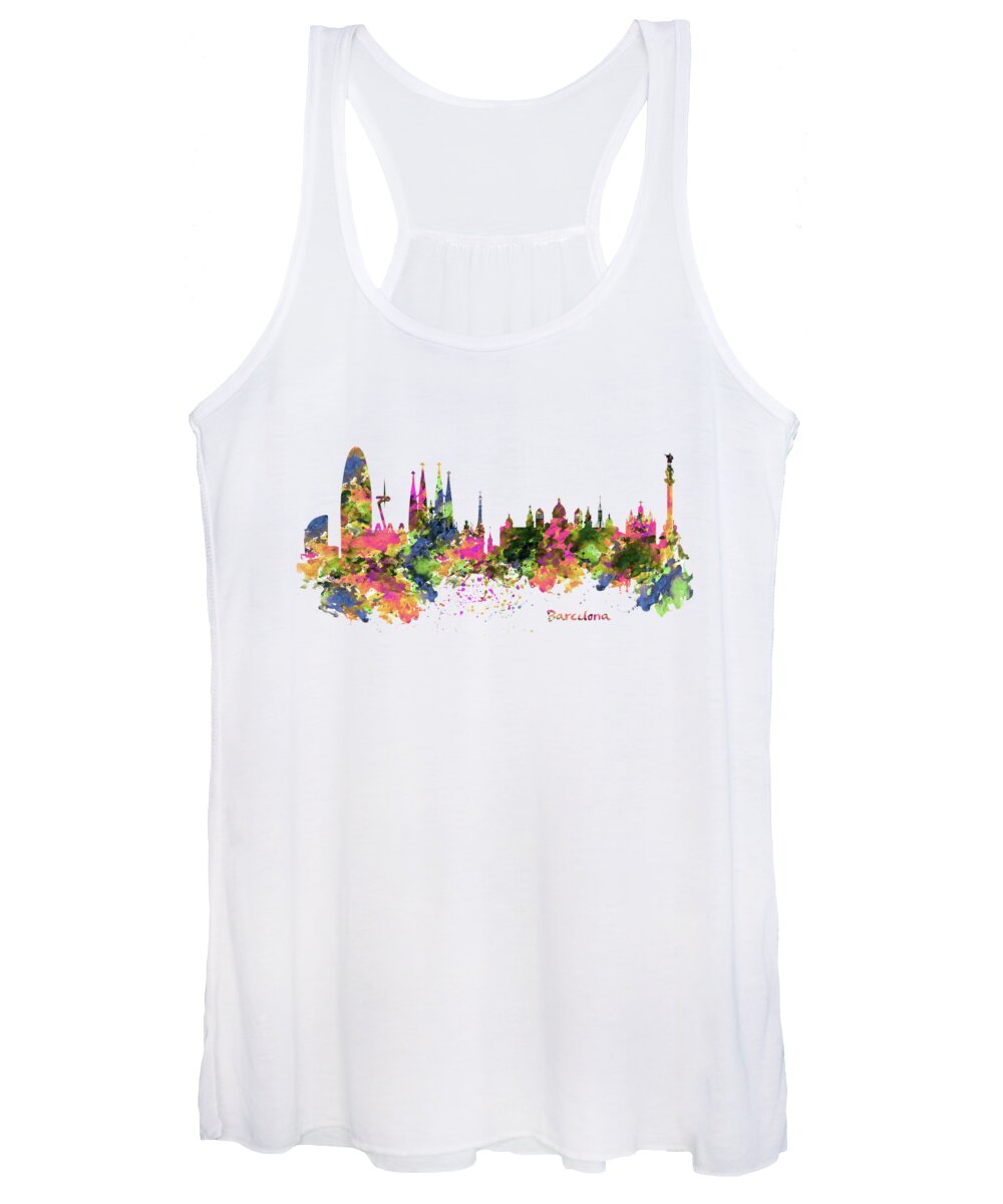 Marian Voicu Women's Tank Top featuring the painting Barcelona Watercolor Skyline by Marian Voicu