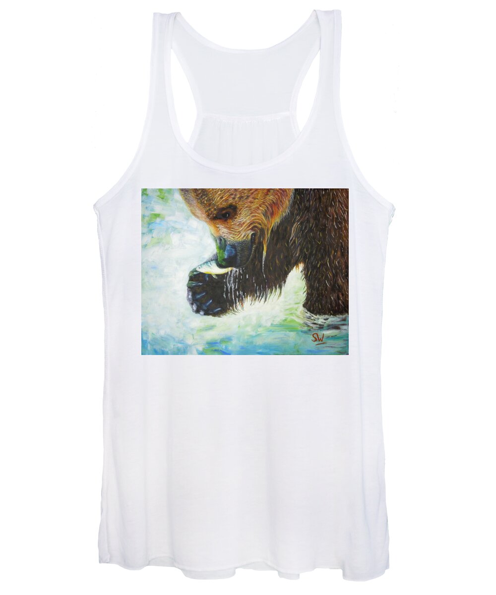 Painting Women's Tank Top featuring the painting Bear Fishing by Shirley Wellstead