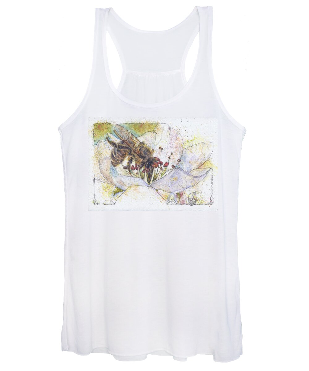 Bee Women's Tank Top featuring the painting Bee on Pear Blossom - No bees no pears. by Petra Rau