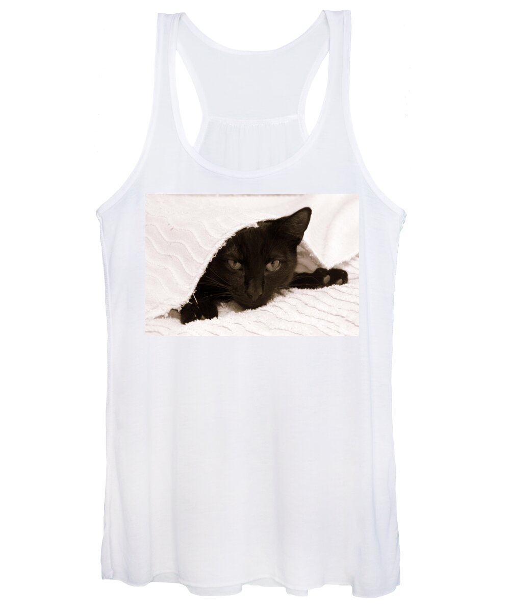 Horizontal Photograph Women's Tank Top featuring the photograph Black Cat in Chenille by Valerie Collins