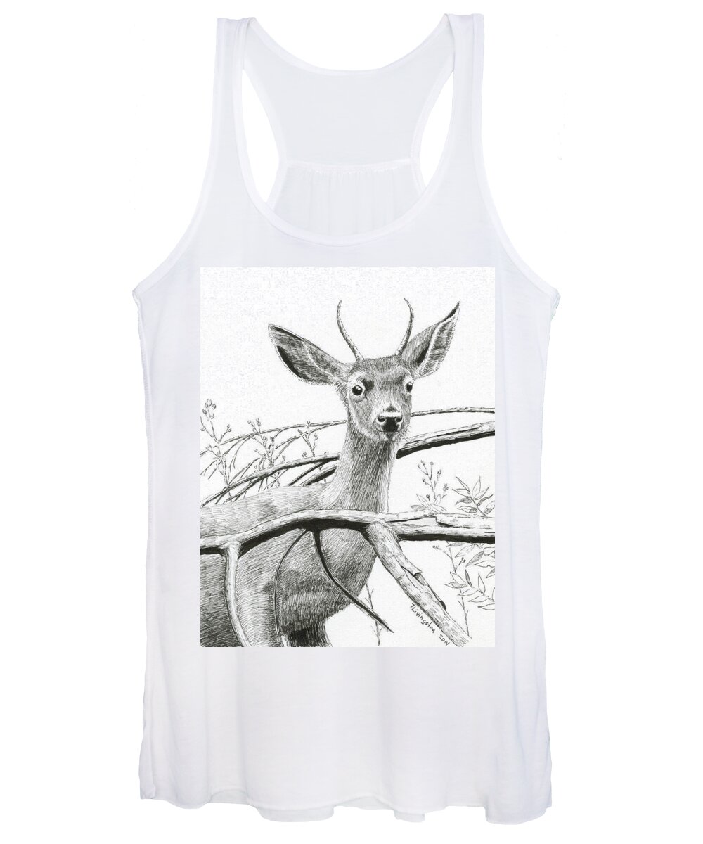 Black Tail Deer Women's Tank Top featuring the drawing Black Tail Spike by Timothy Livingston