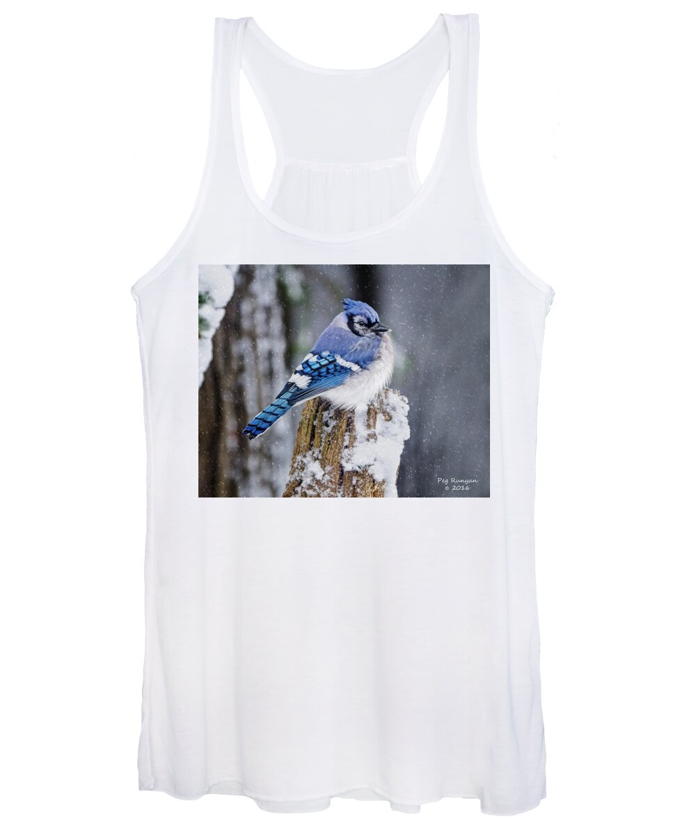 Blue Jay Women's Tank Top featuring the photograph Blue Jay on Snowy Post by Peg Runyan