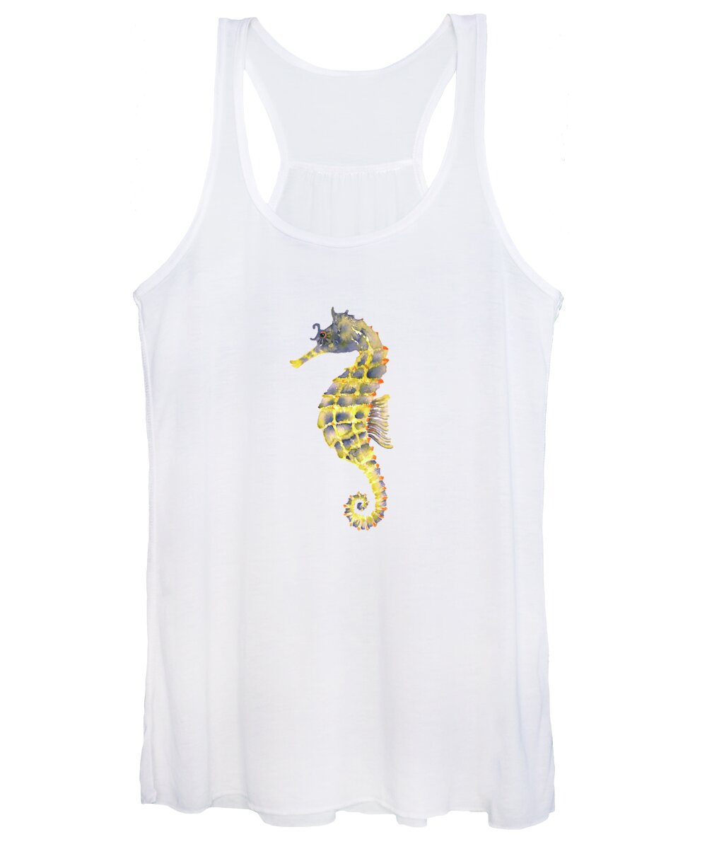 Seahorse Painting Women's Tank Top featuring the painting Blue Yellow Seahorse - Square by Amy Kirkpatrick